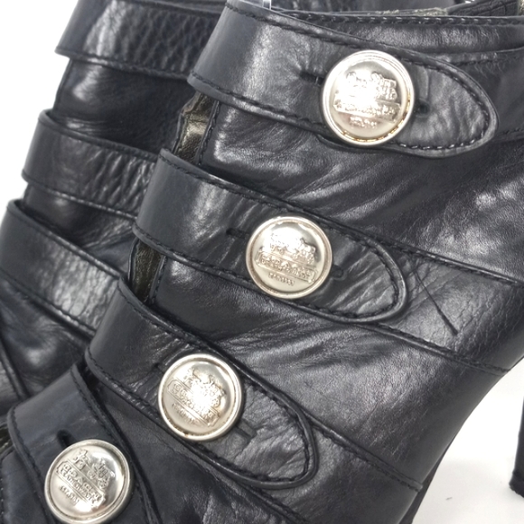 COACH Brandie Black Leather Silver Logo Button PeepToe Booties WornButNotWornOut - Picture 12 of 16